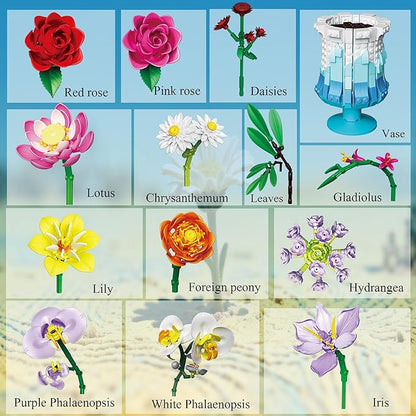 Flower Building Set with Vase Artificial Botanical Flower Set for Adults Women Home Décor Display Romantic Gift for Christmas Valentine’s Day Compatible with Lego Flower 956 PCS