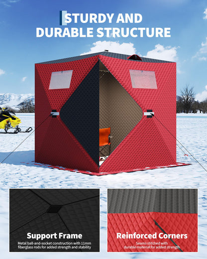 Garvee Pop-up Ice Fishing Tent for 3-4 Persons, Hub-Style Insulated Portable Ice Fishing Shelter with Carrying Bag, Zippered Door, Wind Rope & Anchors, Red
