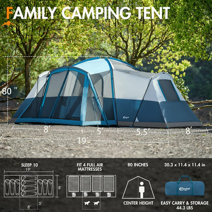PORTAL 10 Person Tent for Camping, Large Family Camping Tents with 3 Room & Screen Room, PFAS-Free Waterproof Tunnel Tents with Rainfly, Large Tent for Outdoor Camping