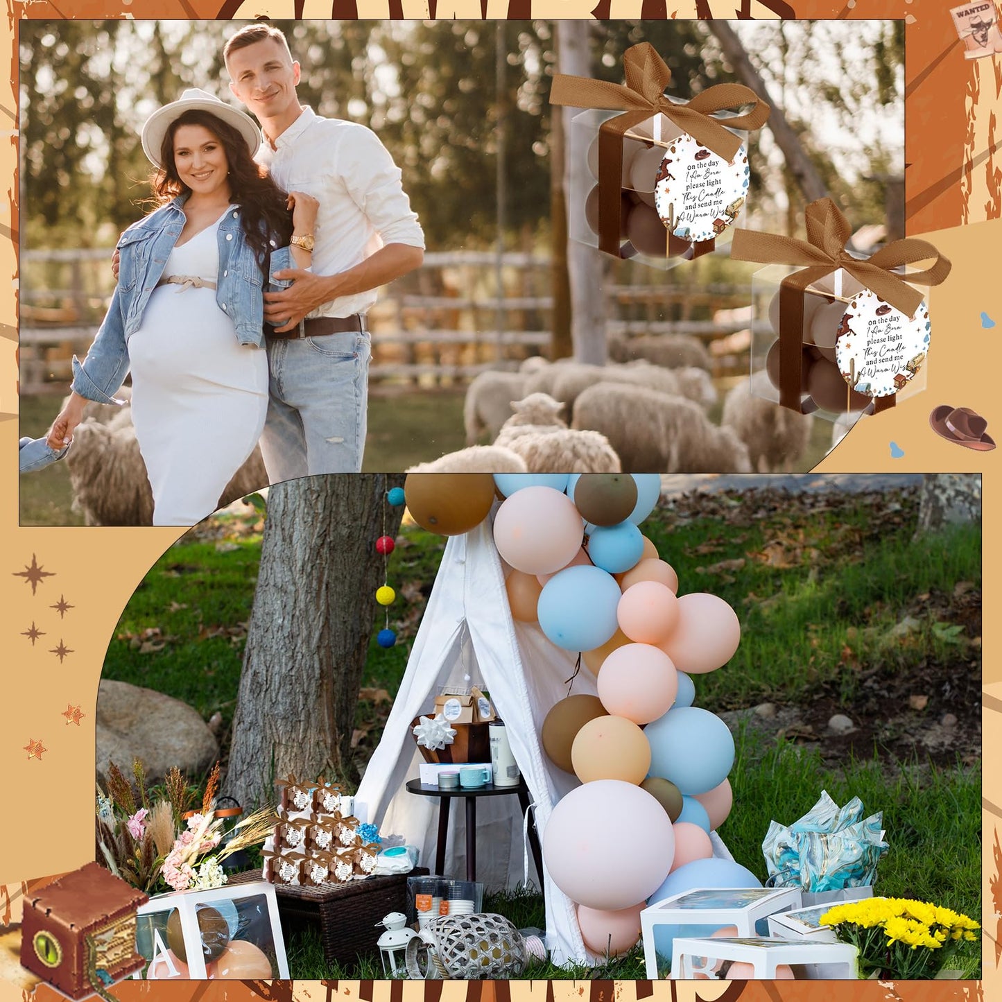 MTLEE 24 Sets Cowboy Baby Shower Favors Small Bubble Candle Baby Shower Favors for Guests Tea Candles Bulk with Stylish Ribbons Cards Gifts Party Decorations