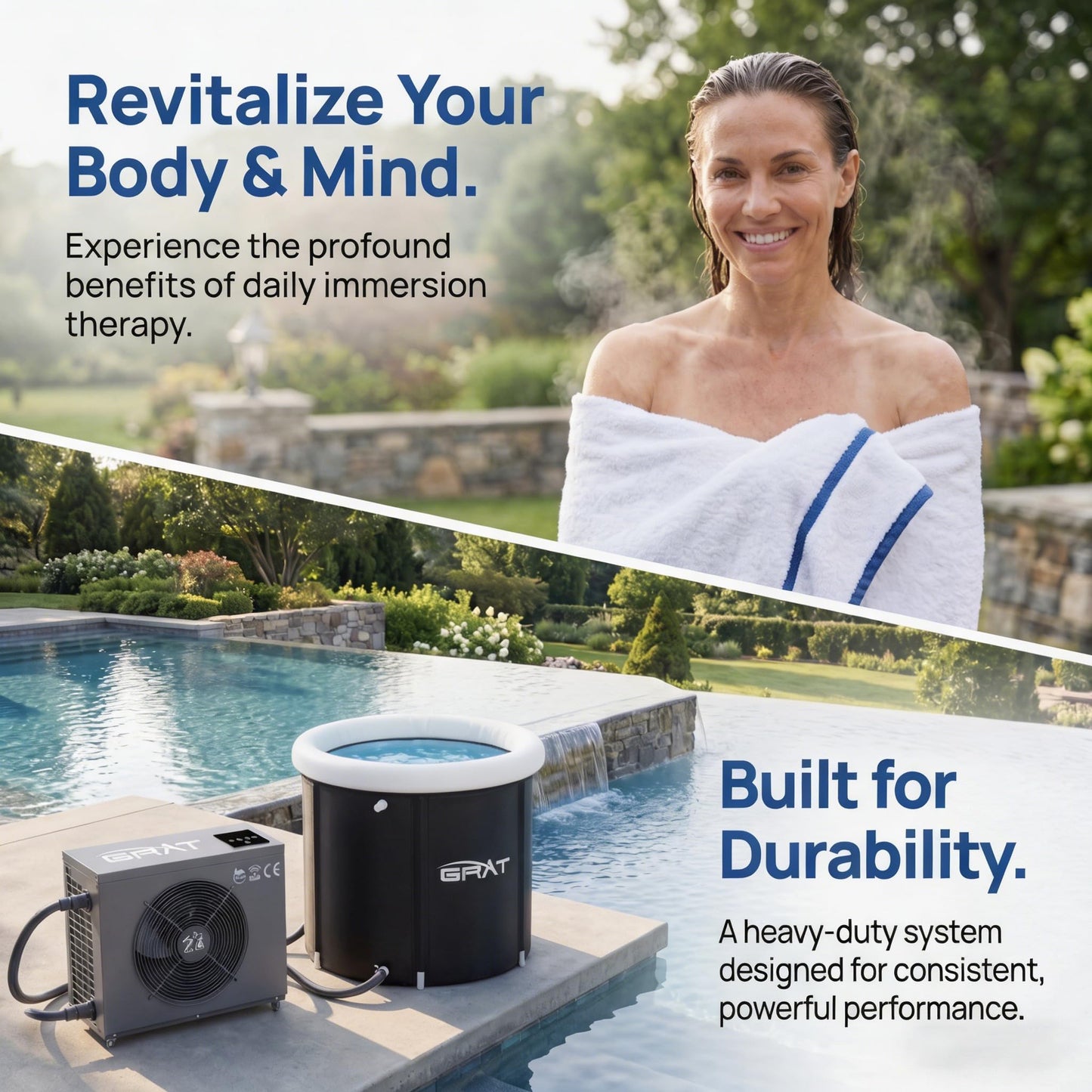 GRAT 1.5HP Chiller with Cold Plunge Tub, 88 Gallon Ice Bath System for Athletes, WiFi App Control, No Ice Needed, Cools to 36°F, Cold Water Therapy & Recovery Tub for Home Gym Indoor Outdoor