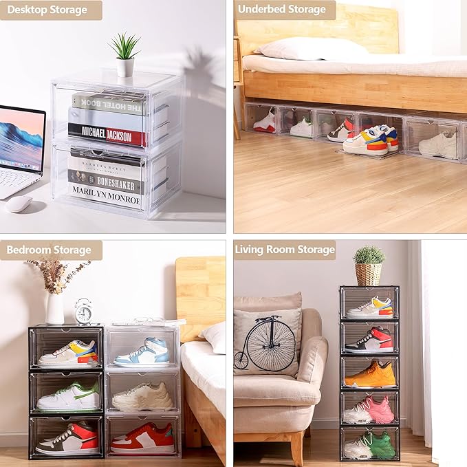 Attelite Large Clear Shoe Box OrganizerPlastic Stackable Shoe Storage Box with Magnetic Door Large Clear Door Shoe Containers for Display Sneakers Easy Assembly（Black）