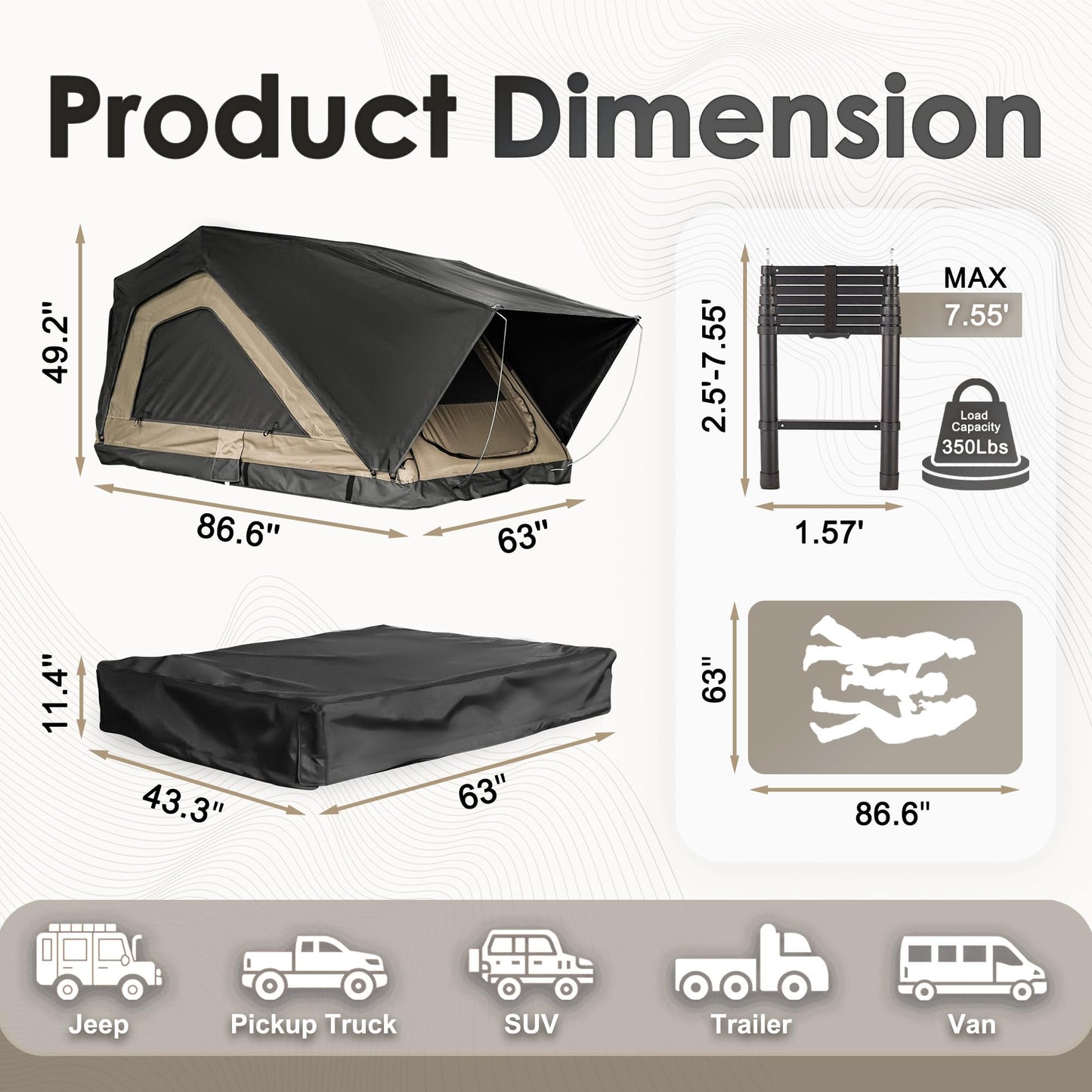 Inflate Rooftop Tent, Soft Shell Roof Top Tent for 2-3 Person, with Aluminum Telescopic Ladder, LED Strip Light, Skyview Window, Memory Mattress, for Car, Truck, Jeep, SUV, Van