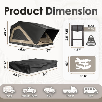 Inflate Rooftop Tent, Soft Shell Roof Top Tent for 2-3 Person, with Aluminum Telescopic Ladder, LED Strip Light, Skyview Window, Memory Mattress, for Car, Truck, Jeep, SUV, Van