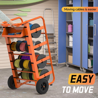 Wire Spool Rack Cable Caddy,Portable Wire Rack Dispenser with Wheel, Automotive Wiring Storage, Multi-Spool Wire/Cable Dispenser, Electrical Wire Spool Holder Cart with Storage Tray (Orange)
