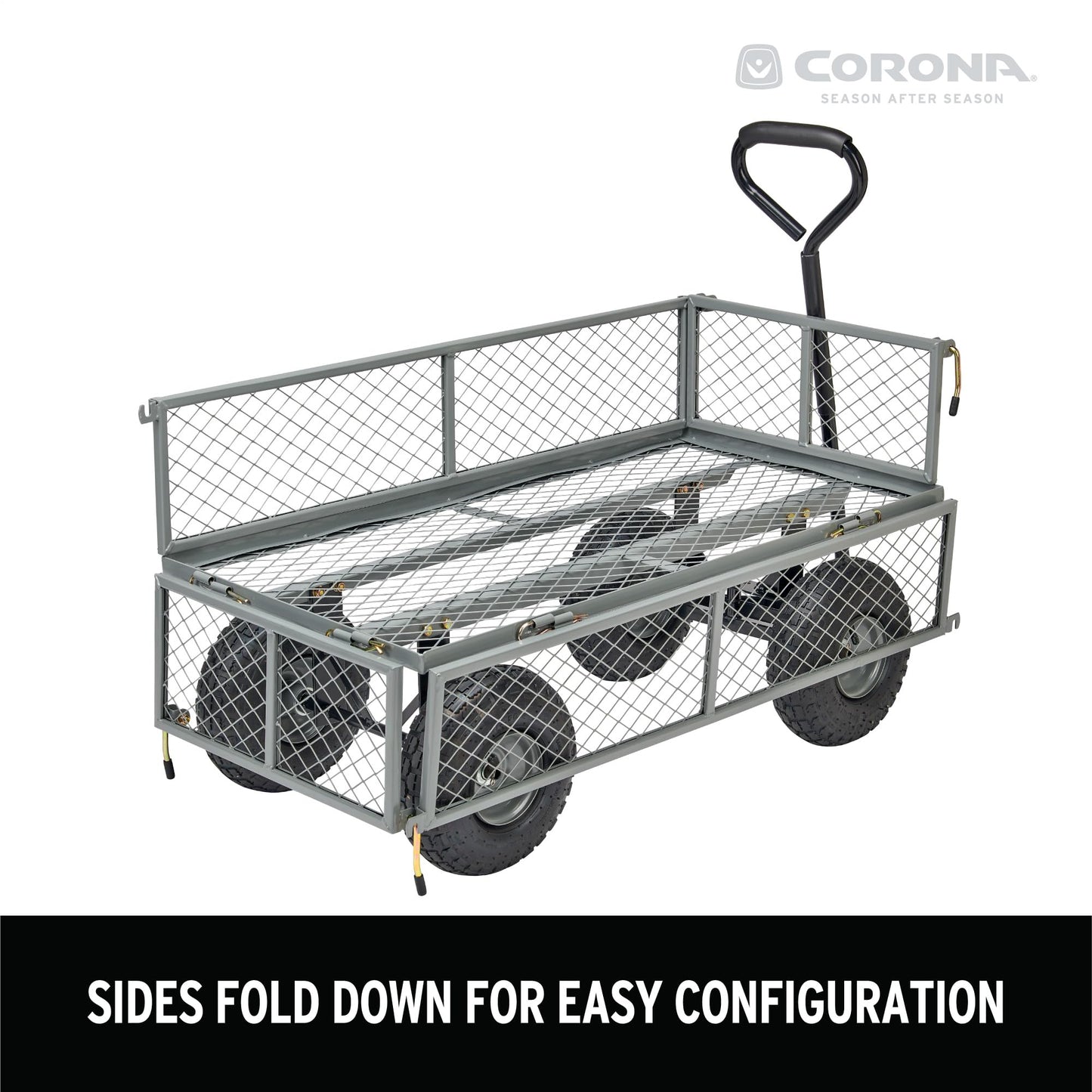 Corona Metal Landscape Cart 400 Pound Capacity Fold Down Sides 10 Inch Pneumatic Tires for Yard, Gardening, Bark, Planting