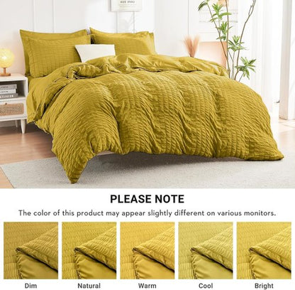 HYMOKEGE King Size Comforter Set - Mustard Yellow Seersucker 7-Piece Luxury Bedding Set