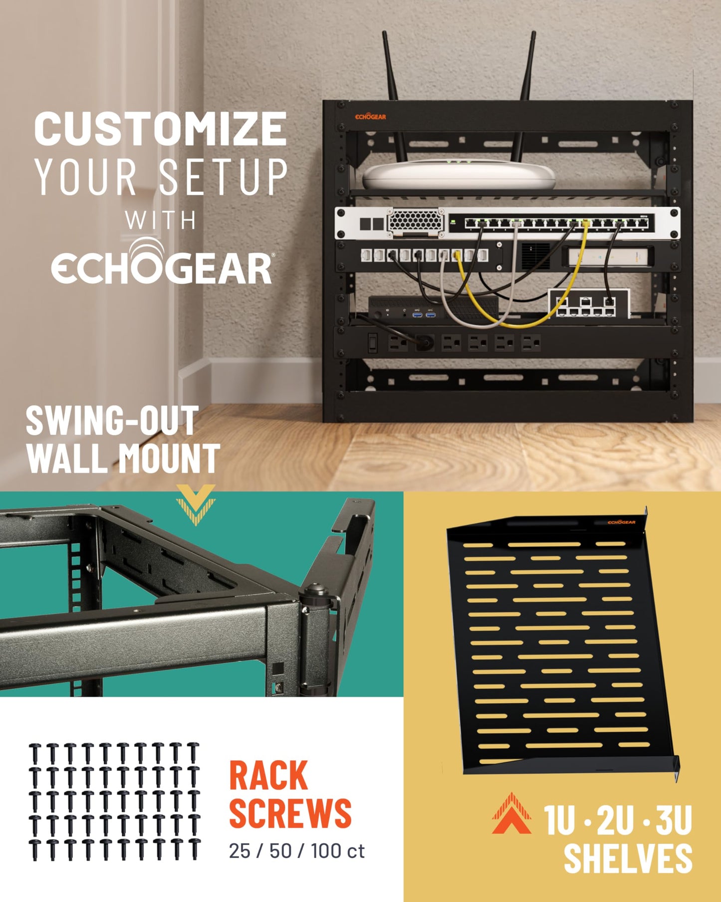 ECHOGEAR 10U Network Rack - Wall Mountable Heavy Duty 4 Post Design Holds All Your Networking & AV Gear - Open Frame Design Includes 2 1U Vented Shelves & Mounting Hardware