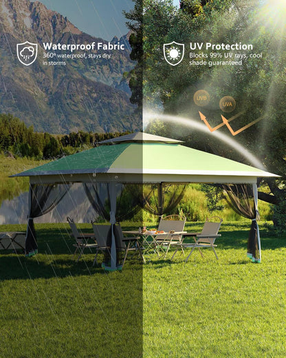Garveelife Canopy Tent 13x13, Pop Up Gazebo Tent Easy Setup with 4 Sand Bags for Backyard Garden Patio, Mosquito Netting & Height Adjustable - Olive Green