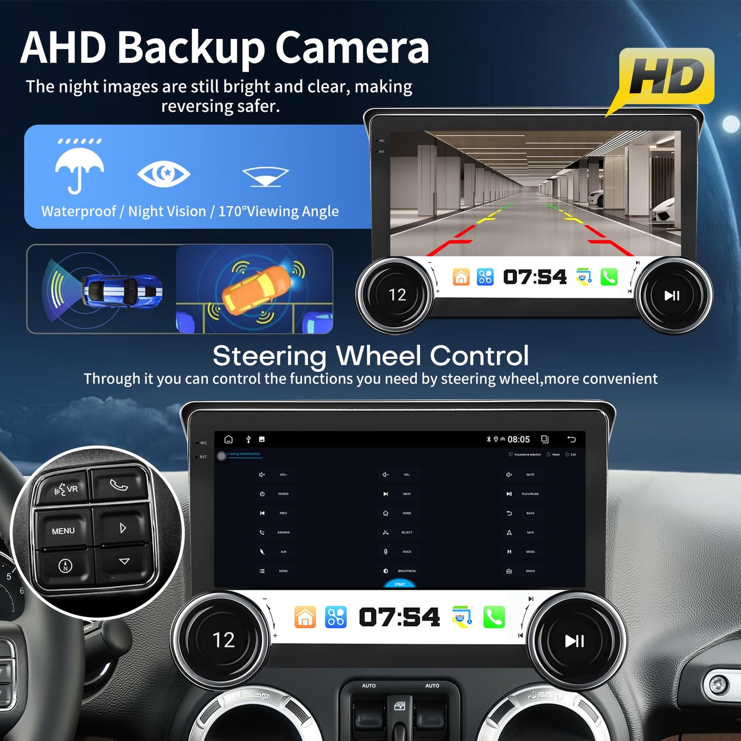 Radio for Jeep Wrangler JK 2007-2018 Compass Grand Cherokee Dodge Ram 1500 2500 3500 2009-2012 Radio Upgrade 8Core 4+64G CarPlay Android Auto 2K 10.1 Inch QLED Screen Bluetooth AHD Backup Camera SWC