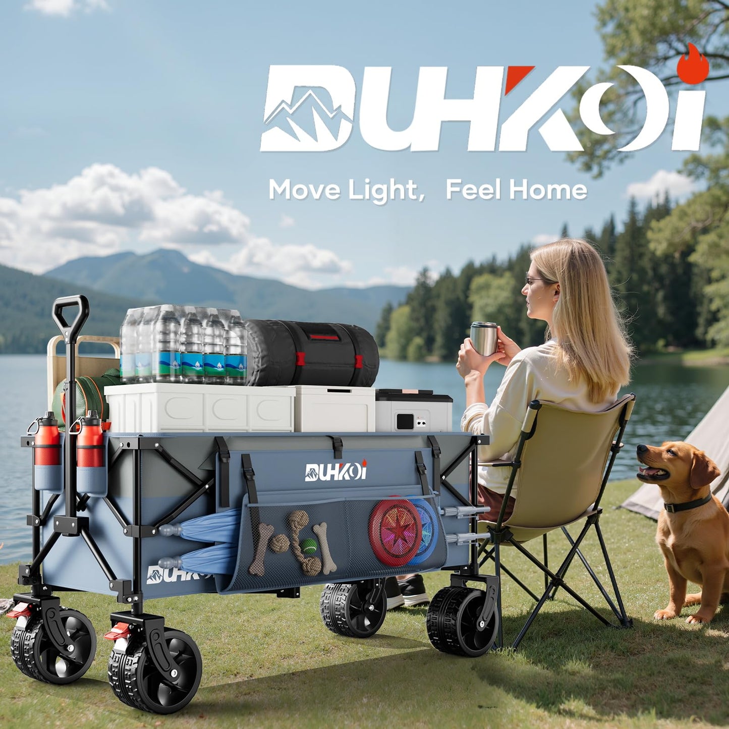 Duhkoi 49" L Collapsible Extended Wagon with 500lbs Weight Capacity,300L Heavy Duty Sports Wagon,Big All-Terrian Wheels with Cup Holders,Cart for Sports,Grocery,Shopping(LightBlue)