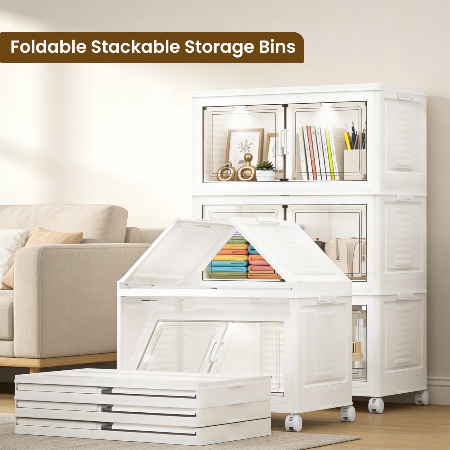 FINCHESCLUB 568QT/141GAL 3 Tier Stackable Storage Bins, Foldable Cabinets with Wheels, Doors and Motion Sensor Lights, Collapsible Closet Storage Organizer, 3 Pack Cubes, White