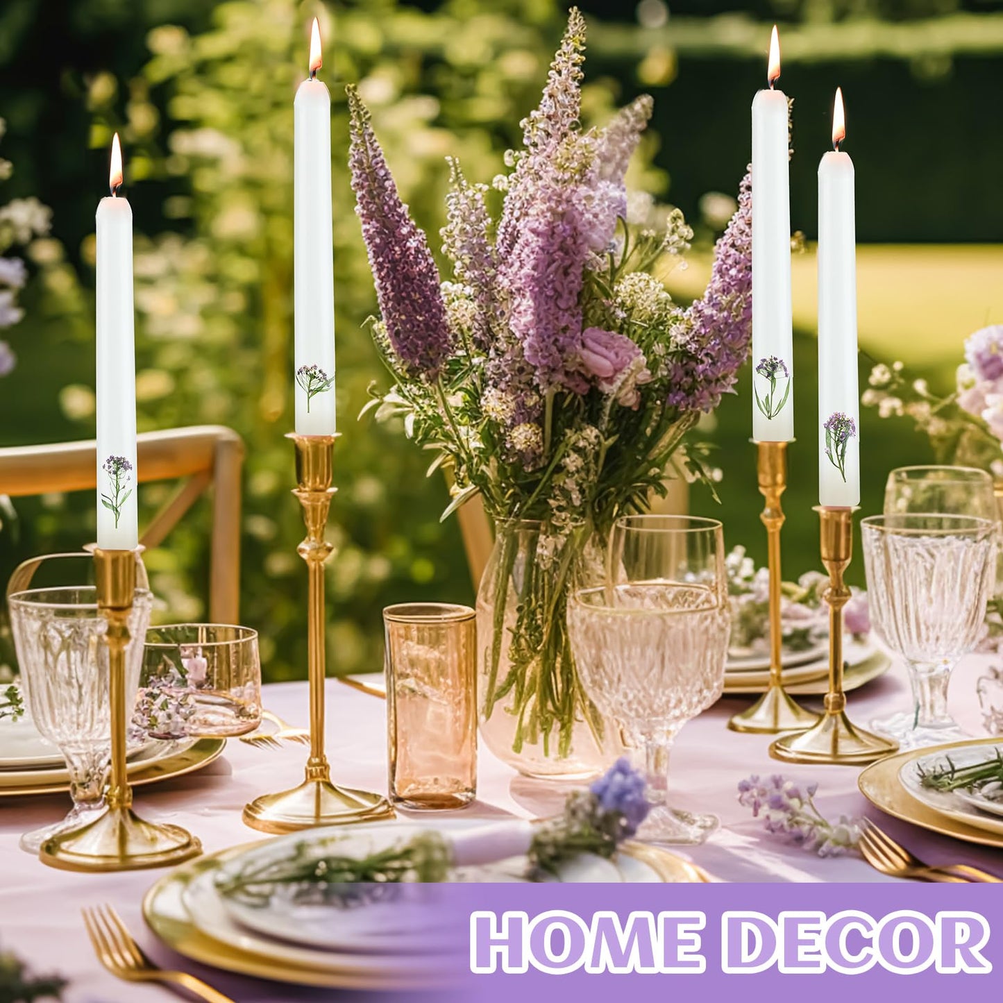 Threlaco 4 Pcs Flower Taper Candles Real Dried Pressed Purple Tapered Plants Candlesticks Unscented 7.8 Inch White Pastel Taper Candles for Baptismal Wedding Bridal Shower Party(4 Pcs,Dried Flower)