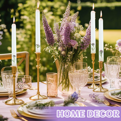 Threlaco 4 Pcs Flower Taper Candles Real Dried Pressed Purple Tapered Plants Candlesticks Unscented 7.8 Inch White Pastel Taper Candles for Baptismal Wedding Bridal Shower Party(4 Pcs,Dried Flower)