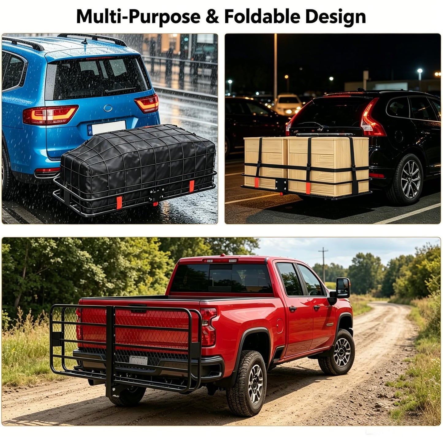 72" x 30" Fold-Up Hitch Cargo Carrier with Hitch Lock and Reflective Safety Panels – 600 Lbs Capacity Hitch Mount Cargo Carrier Fits 2" Receiver for SUVs, Trucks & Off-Road Vehicles