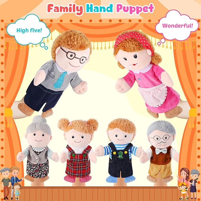 6 Pcs Family Hand Puppets 12 Inch Grandparents Mom &amp Dad Brother &amp Sister Plush Hand Puppet Toys Role-Play Toy Puppets for Kids Storytelling Imaginative Pretend Play Teaching Preschool(6 Fam