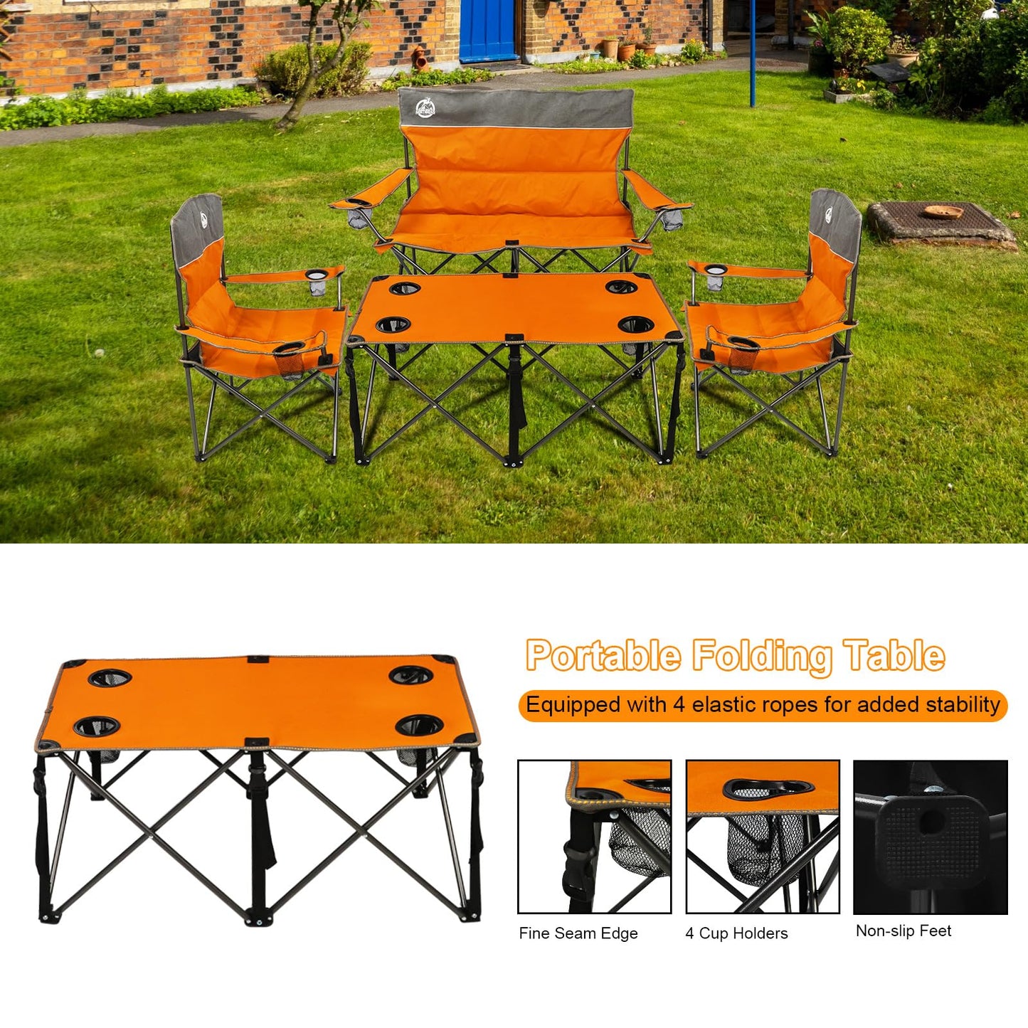 Northroad Folding Camping Chair Set of 4, Portable Collapsible Conversation Set w/1 Sofa, 2 Single Chairs, 1 Table for Family Patio, Outdoor Travel, Beach(Orange)