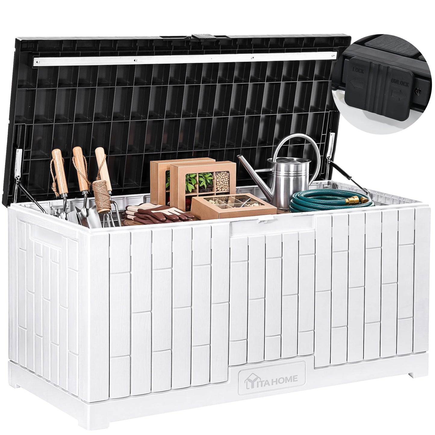 YITAHOME 120 Gallon Outdoor Storage Deck Box, Large Resin Patio Storage with Slide-Locking Black Lid, 2-Person Bench Seat for Outdoor Pillows, Garden Tools & Pool-Supplies, Waterproof, Grayish-White
