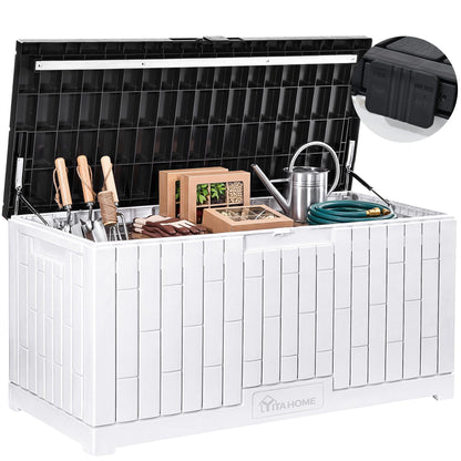 YITAHOME 120 Gallon Outdoor Storage Deck Box, Large Resin Patio Storage with Slide-Locking Black Lid, 2-Person Bench Seat for Outdoor Pillows, Garden Tools & Pool-Supplies, Waterproof, Grayish-White