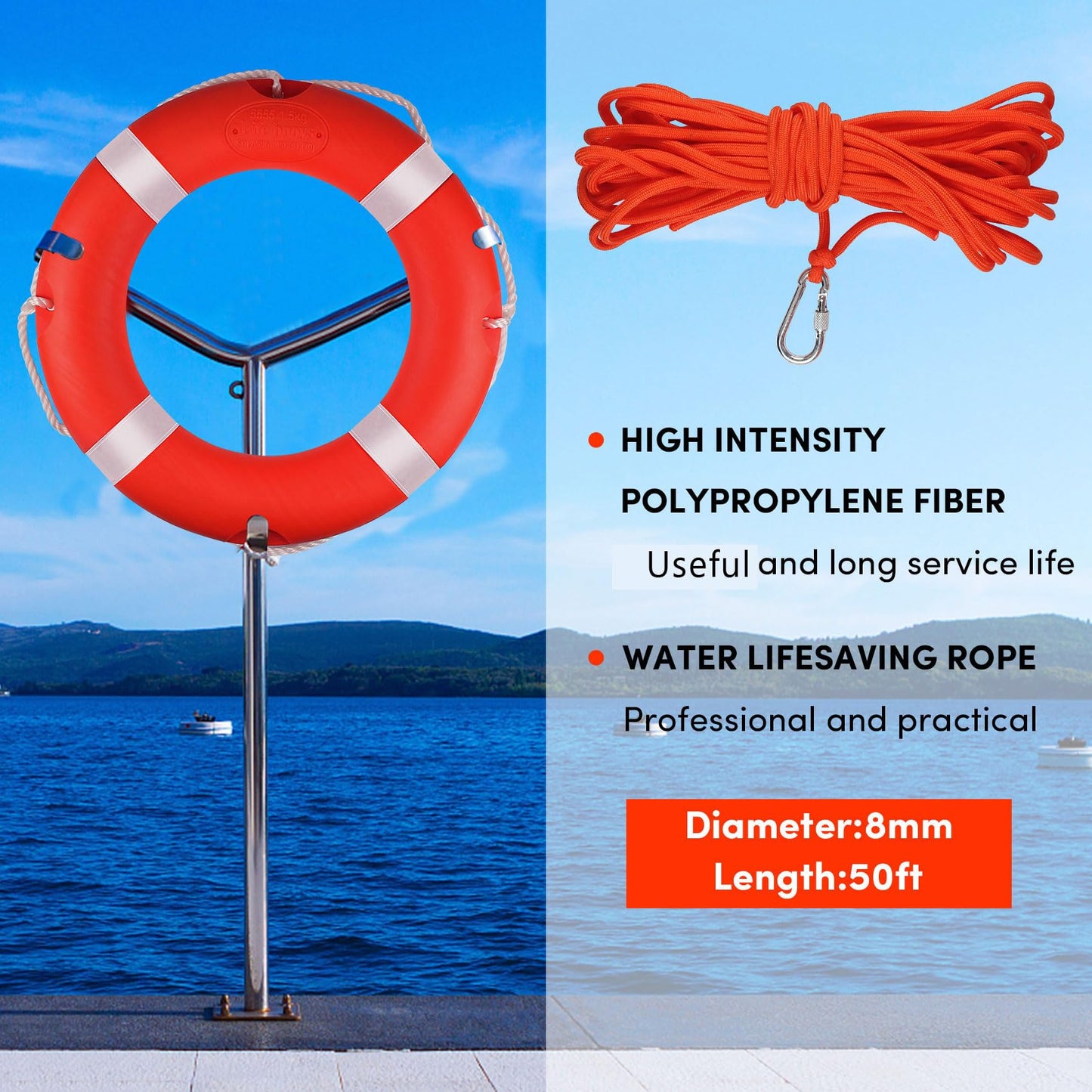 BALAVA Life Ring,28" Boat Throw Rings with Reflective Tape & Grab Lines,Orange Life Ring Buoy for Boats,Include Water Floating Life Saving Rope(1 Pack)
