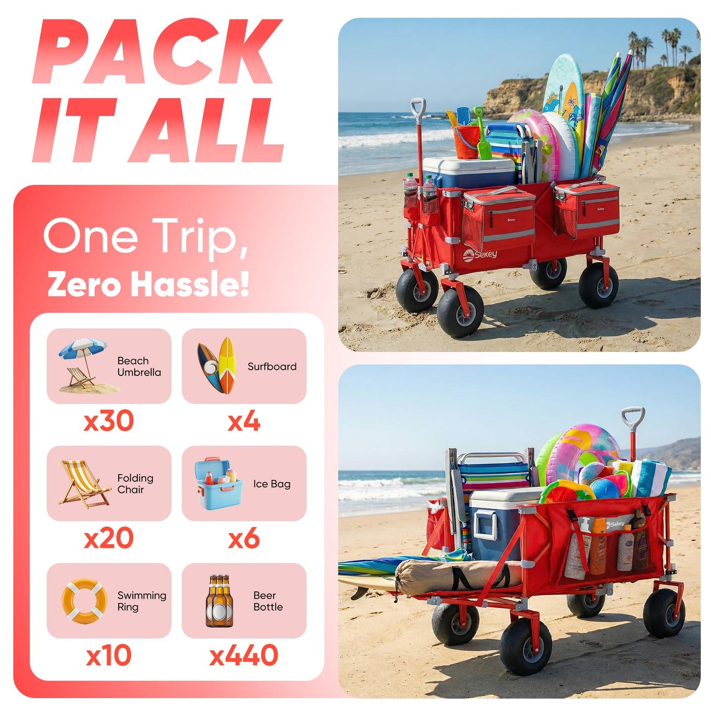 Sekey Heavy Duty Beach Wagon with 9" Big Sand-Proof Wheels, 300L Oversized Foldable Beach Cart with Cooler| Adjustable Handle & Balloon Tires for Sand, Camping,Vacation
