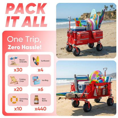 Sekey Heavy Duty Beach Wagon with 9" Big Sand-Proof Wheels, 300L Oversized Foldable Beach Cart with Cooler| Adjustable Handle & Balloon Tires for Sand, Camping,Vacation