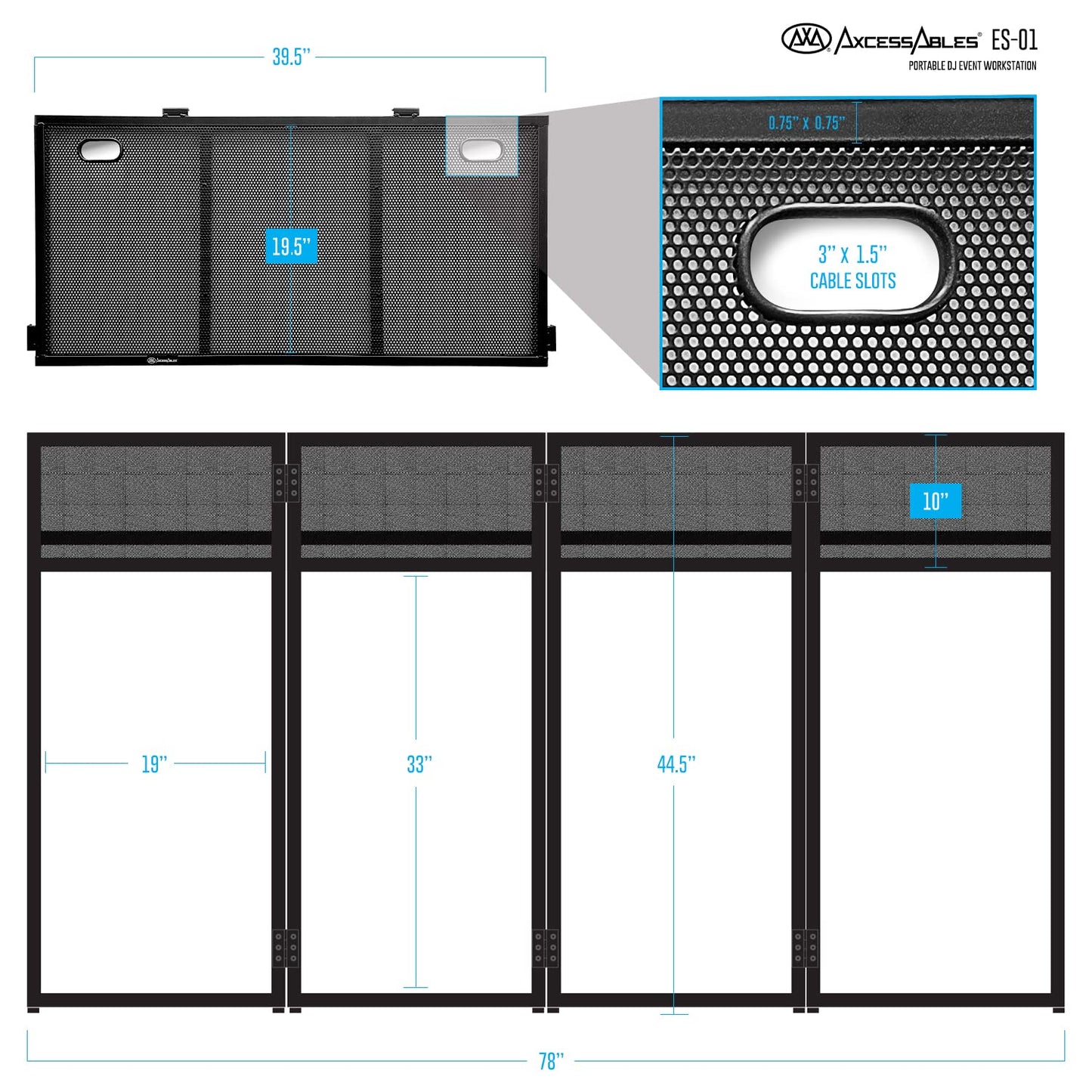 AxcessAbles Portable DJ Facade Booth with Black and White Lighting Scrims, Carry Cases | Standing DJ Table - 40" x 20" | DJ Controller Stand | Recording Mixer Stand | DJ Booth (ES-01)