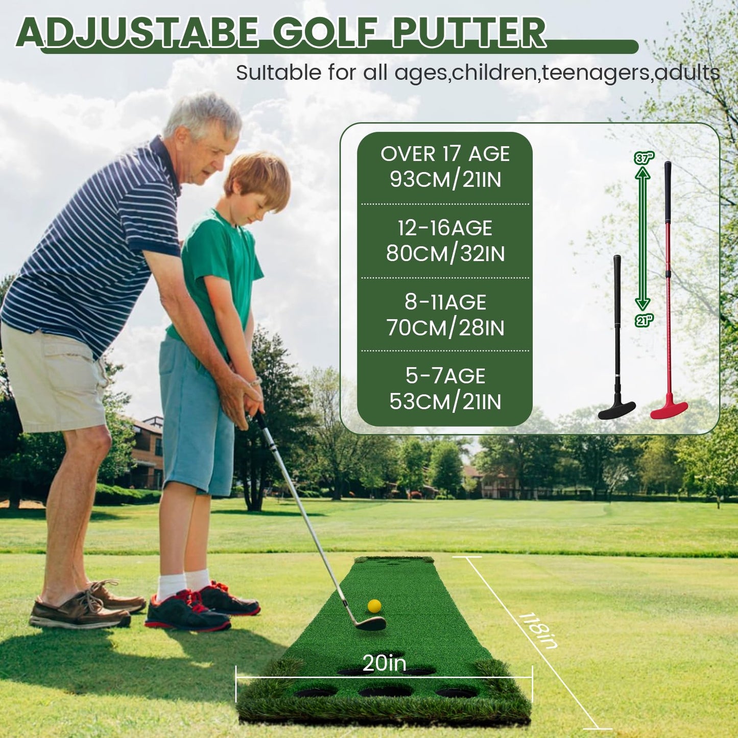 Golf Putting Game Set Putting Green Indoor Outdoor Putting Mat with 2 Putters 2 Balls 2 Cups & Flags Backyard Party Office Golf Game for Young Adults Fathers & Golfers
