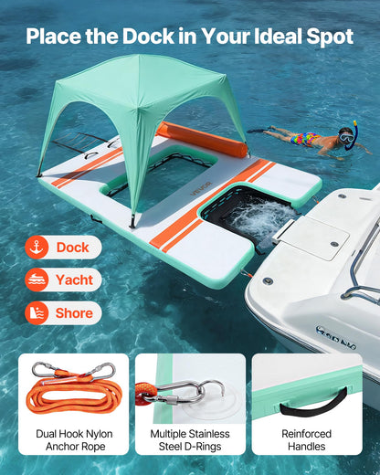 VEVOR Inflatable Floating Dock, 10 x 6 FT Inflatable Dock Platform, Non-Slip Water Air Mat with Portable Carrying Bag and Detachable Ladder, Floating Water Platform Island Raft for Pool Beach Ocean
