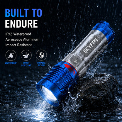 SKYFIRE 6000 Lumens Rechargeable Flashlight with Fire Starter,96 Hours Runtime, IPX6 Waterproof, Zoomable Tactical Flashlight Spotlight for Camping, Emergency, Outdoor Survival