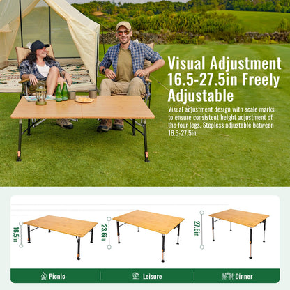 KingCamp Bamboo Folding Table, 2-Fold Camping Adjustable Height Portable Outdoor Lightweight & Compact Table with Aluminum Frame for RV Picnic BBQ