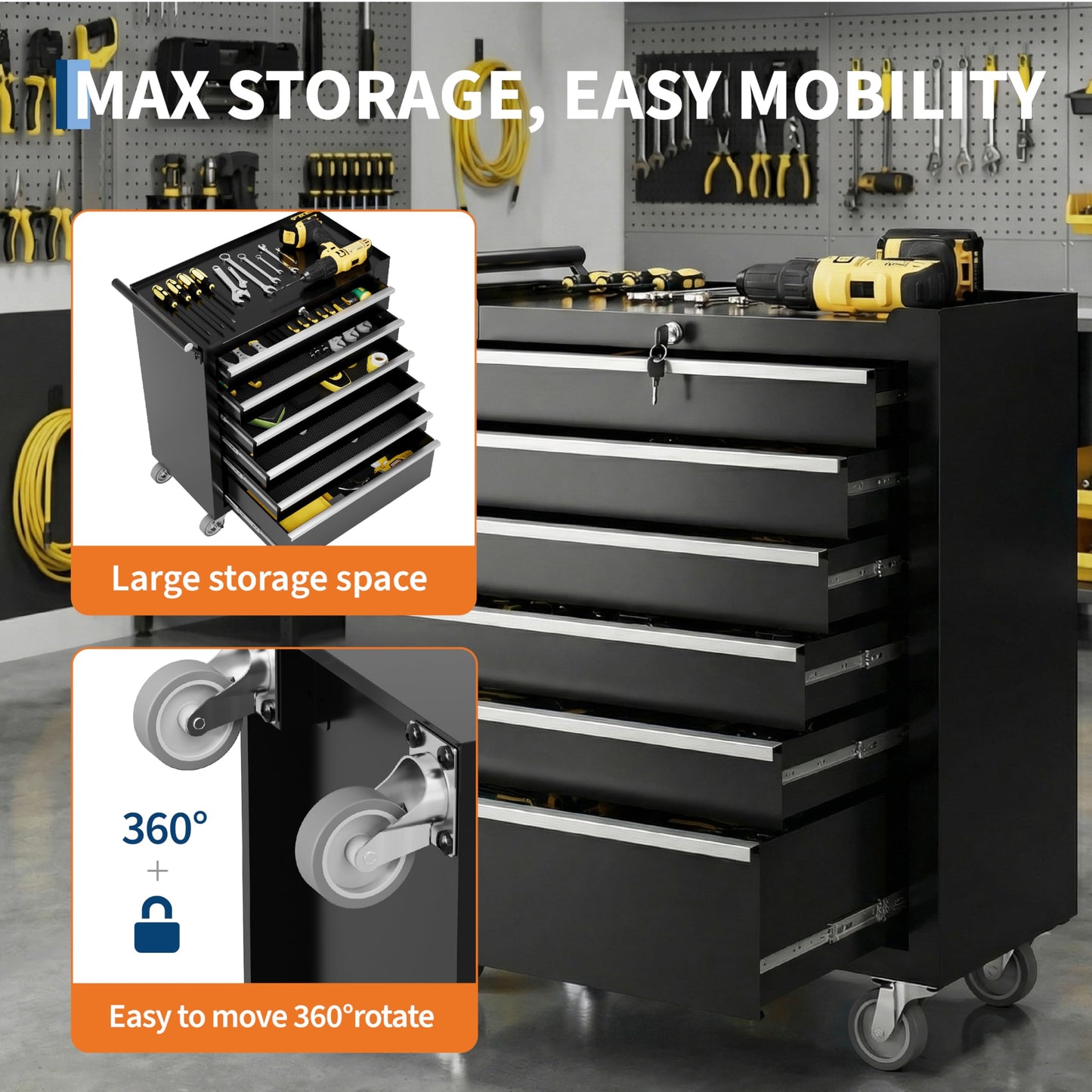 Garvee Rolling Tool Chest, 6 Drawers Tool Storage Cabinet, Toolbox with Wheels, Portable Tool Cabinet Organizer with Locking System & Drawer Liners, Tool Storage Cart for Garage, Workshop, Black
