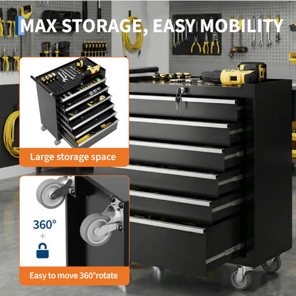 IDEALHOUSE Rolling Tool Chest, 6 Drawers Tool Storage Cabinet, Toolbox with Wheels, Portable Tool Cabinet Organizer with Locking System & Drawer Liners, Tool Storage Cart for Garage, Workshop, Black