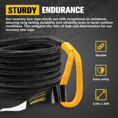 BUNKER INDUST Off-Road Traction Boards (Black) + 3/4in×20ft Kinetic Recovery Rope with 2 Soft Shackles Kit