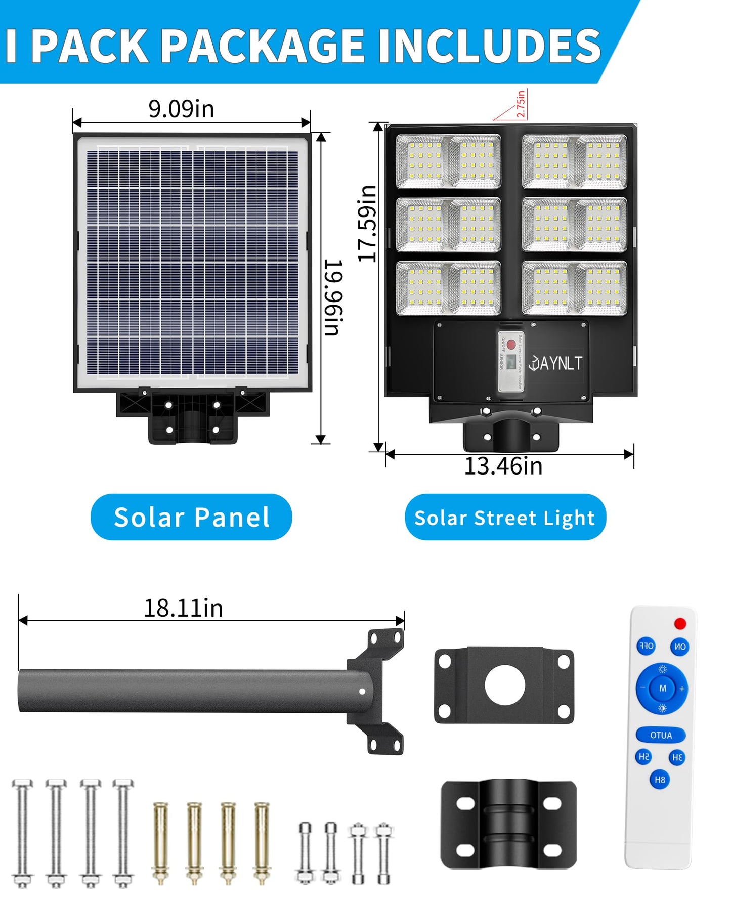 JAYNLT Y-2000W Solar Street Light, 200000LM 6500K Solar Flood Lights Outdoor Dusk to Dawn, 6500K IP67 Waterproof Parking lot Light Outdoor with Motion Sensor and Remote Control for Garage, Road