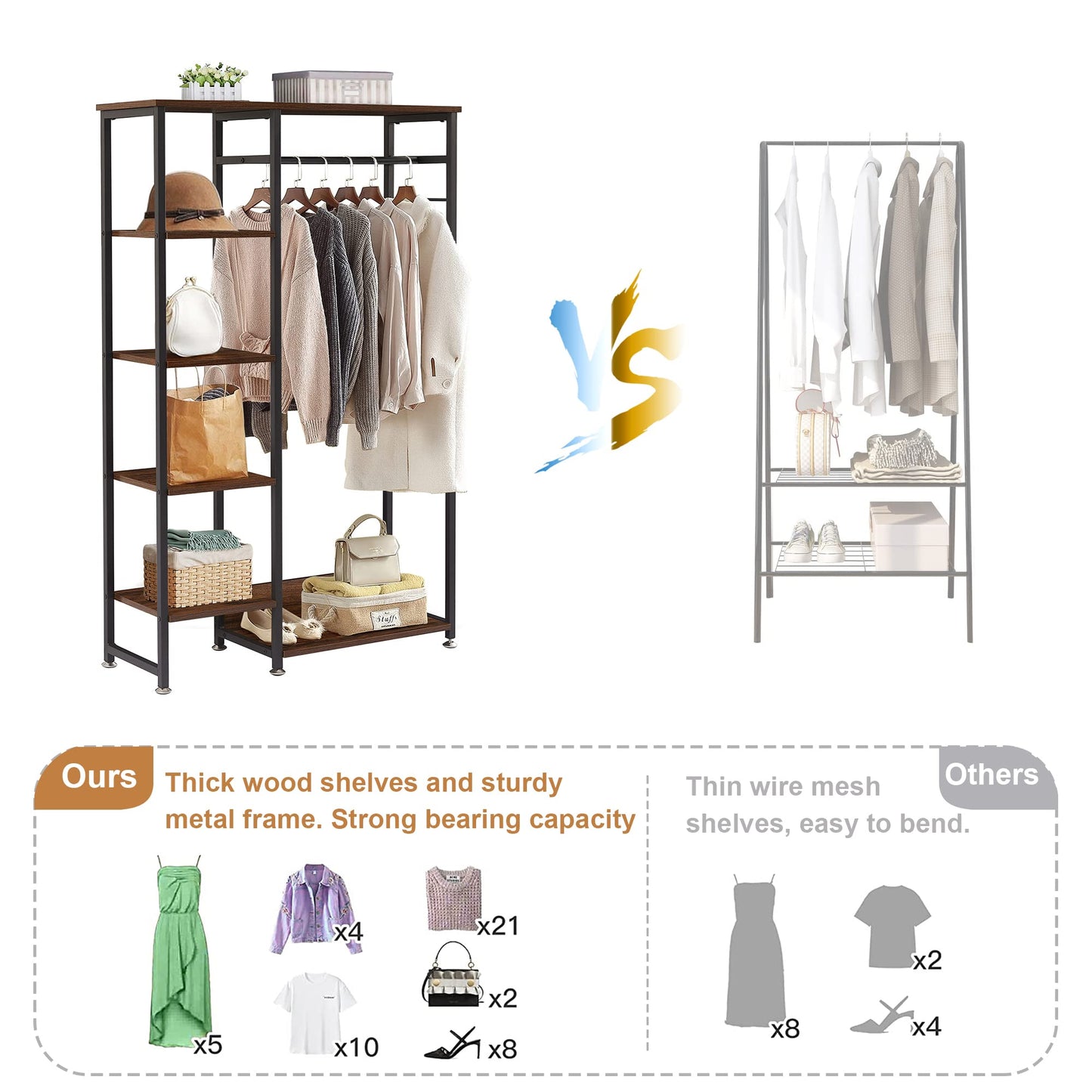 VECELO Open Garment Clothing Rack, Free-Standing Heavy Duty Storage Closet with 5 Shelves and Hanging Rod for Small Spaces, Max Load 350LBS, Brown