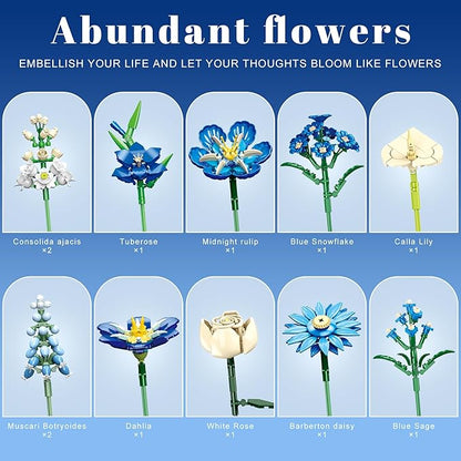 Blue Flower Bouquet Building Set Compatible with Lego Flowers for Adults Artificial Botanical Collection Kit for Valentines Day Mother's Gifts Home Room Desk Shelf Decor