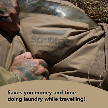 Scrubba Tactical Wash Bag & Dry Kit - Portable Washing Machine System with XL Towel, Pegless Clothesline & Hangers - Lightweight Travel Essentials Laundry Kit for Camping, Hiking, RV, Hotels