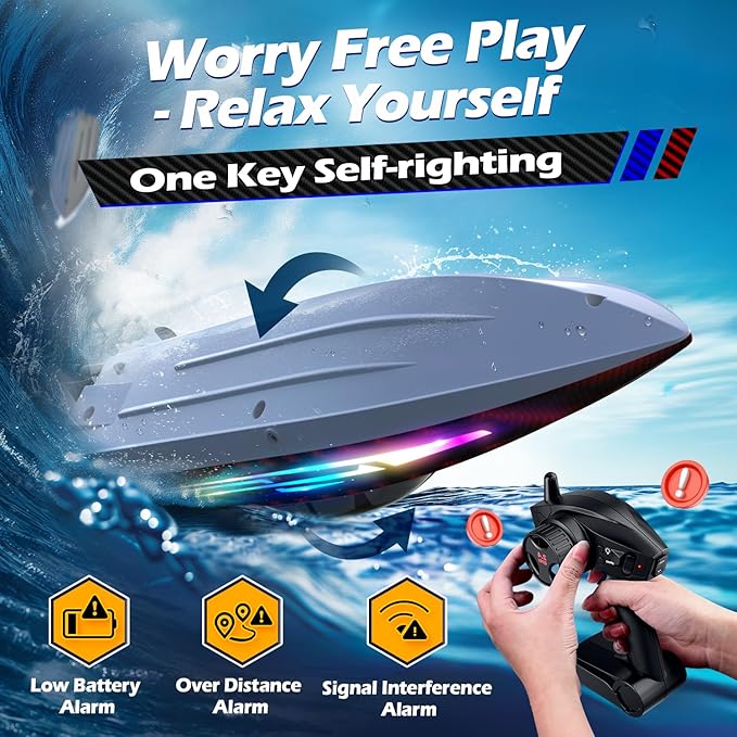 RC Boat 30KMH with 7Light ModesRemote Control Electric Fast Speed Boat for Adults Kids 8-12 Lake Pool Water PlaySelf-rightingDemoWater CoolingFull Waterproof20 MinsLow Battery Alert2.4GhzRed