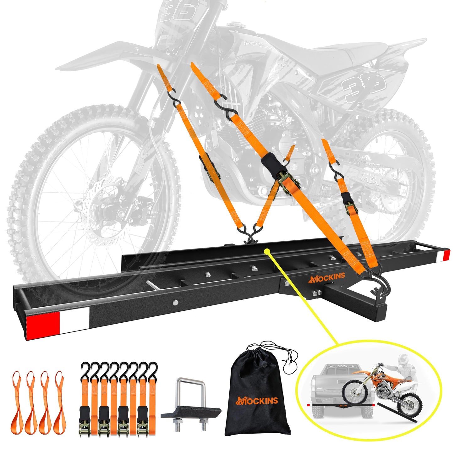 Mockins 500 lbs Capacity Anti-Tilt Motorcycle Hitch Carrier w/Loading Ramp | 73" Heavy Duty Steel Fat Tire eBike Rack & Dirt Bike Rack for Car Hitch 2" Receivers | Weatherproof Motorcycle Carrier Set