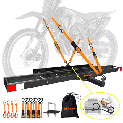 Mockins 500 lbs Capacity Anti-Tilt Motorcycle Hitch Carrier w/Loading Ramp | 73" Heavy Duty Steel Fat Tire eBike Rack & Dirt Bike Rack for Car Hitch 2" Receivers | Weatherproof Motorcycle Carrier Set