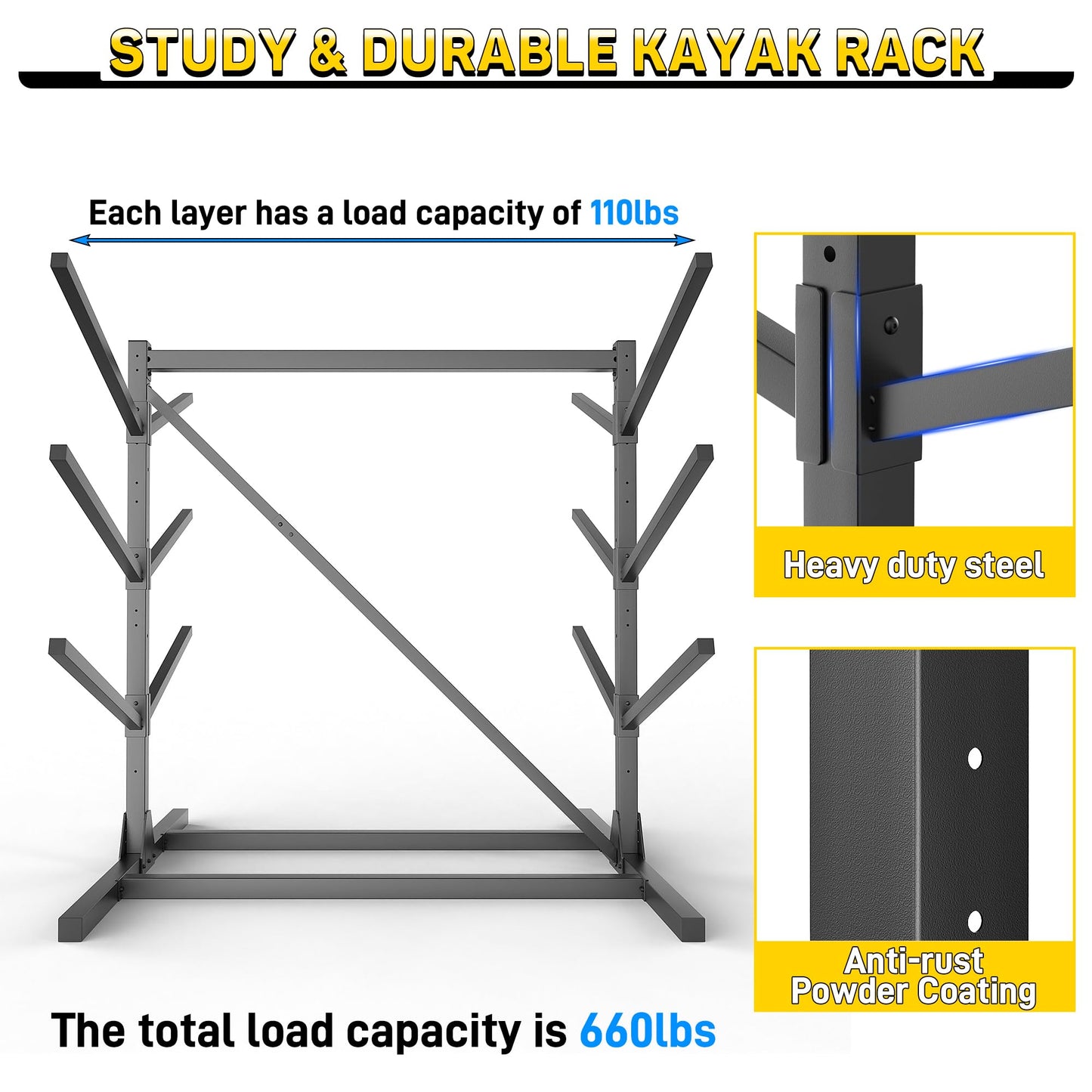 Ultrawall Freestanding Kayak Storage Rack for Garage, Heavy-Duty Adjustable 3-Tier Kayak Stand Holds 6 Kayaks, Canoes & Paddle Boards, 660 lbs Capacity