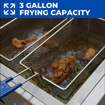 Deep Fryer Cart | 2 Fry Baskets | 3 Gallon Single Tank | 2 Pan Steam Table | Portable 4 Wheel | Stainless Steel | Outdoor Propane Frying Cart for Chicken, Fish, & More | Commercial & Home