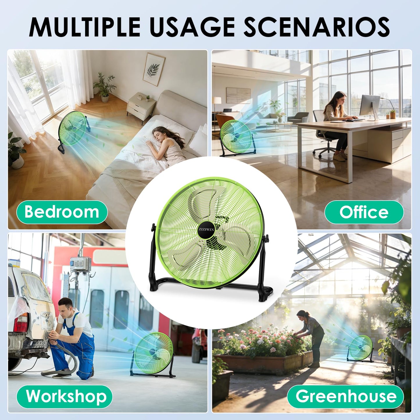ZIZIWIN 20'' Large Battery Fan, Portable Cordless Camping Fan, Rechargeable Battery Floor Fans, 360° Tilt, Wireless, USB Output, for Home Office Gazebo Greenhouse Outside Gym
