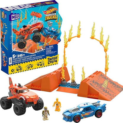 MEGA Hot Wheels Monster Trucks Toy Building Set Smash &amp Crash Tiger Shark Chomp Course with 245 Pieces 2 Micro Figure Drivers Orange Age 5+ Years