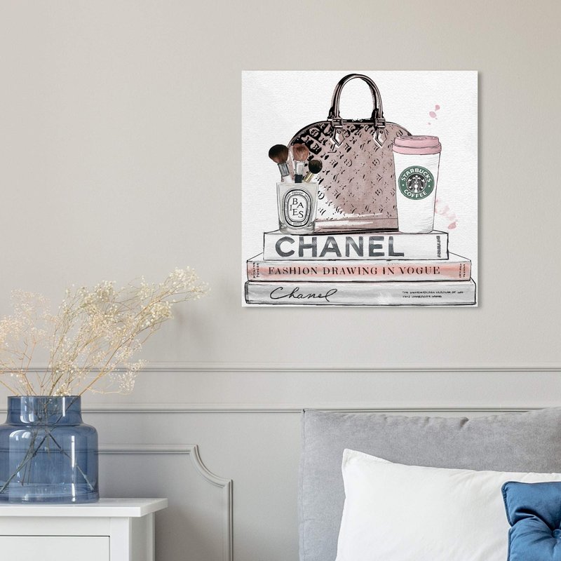 The Oliver Gal Artist Co. Blush and Make Up Brush | Modern Premium Canvas Print The Fashion Wall Art Decor Collection, 16" x 16", Pastel Pink