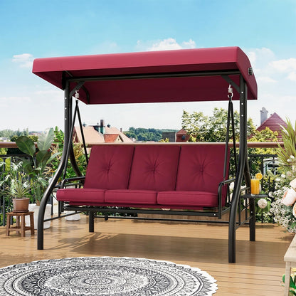 Garvee 3-Seat Outdoor Porch Swing with Adjustable Canopy, Convertible Patio Swing Bed with Stand, Thick Cushions & Cup Holders, Weather-Resistant Steel Frame for Backyard, Garden, Porch, Red