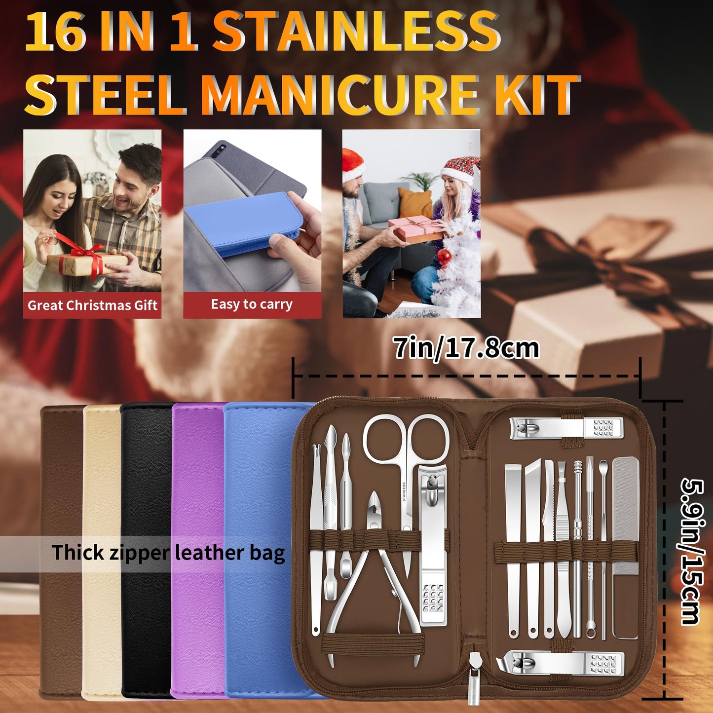Manicure Set 16Pcs Professional Stainless Steel Pedicure Kit Mens Grooming Kit Fingernail & Toenail Clippers Set Manicure Kit with Luxurious Travel Bag, Sharp Nail Scissors and Clipper (Purple)