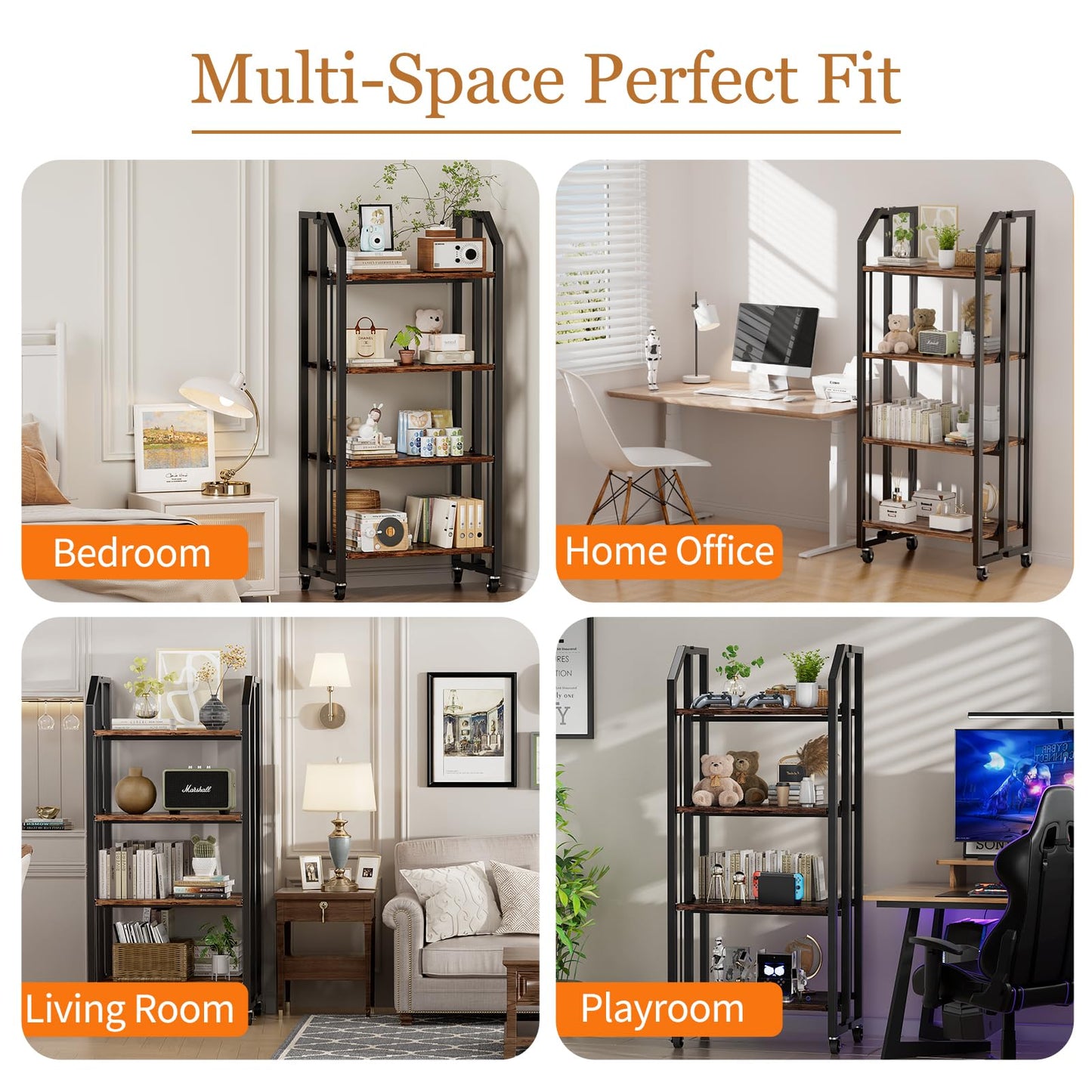 VYRIVA No Assembly Double-Sided Folding Bookshelf for Living Room, 4 Tier Collapsible Book Shelf for Home Office, Portable Bookcase Storage Organizer