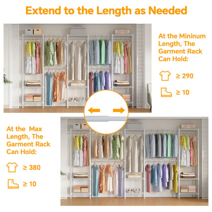 Higeego H11 Heavy Duty Garment Rack, Clothing Rack for Hanging Clothes, Extra Large Closet, Freestanding Wardrobe Closet Organizer and Storage with Hanger Rods, Extendable from 7.8 to 10.8 ft, White